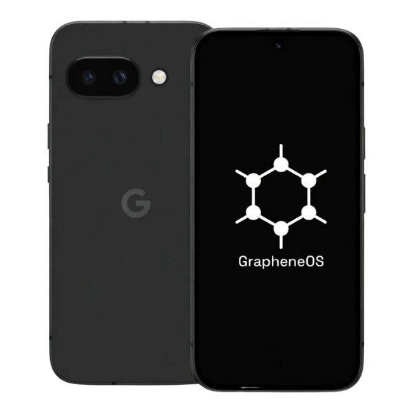 Black Pixel phone front and back displaying GrapheneOS
