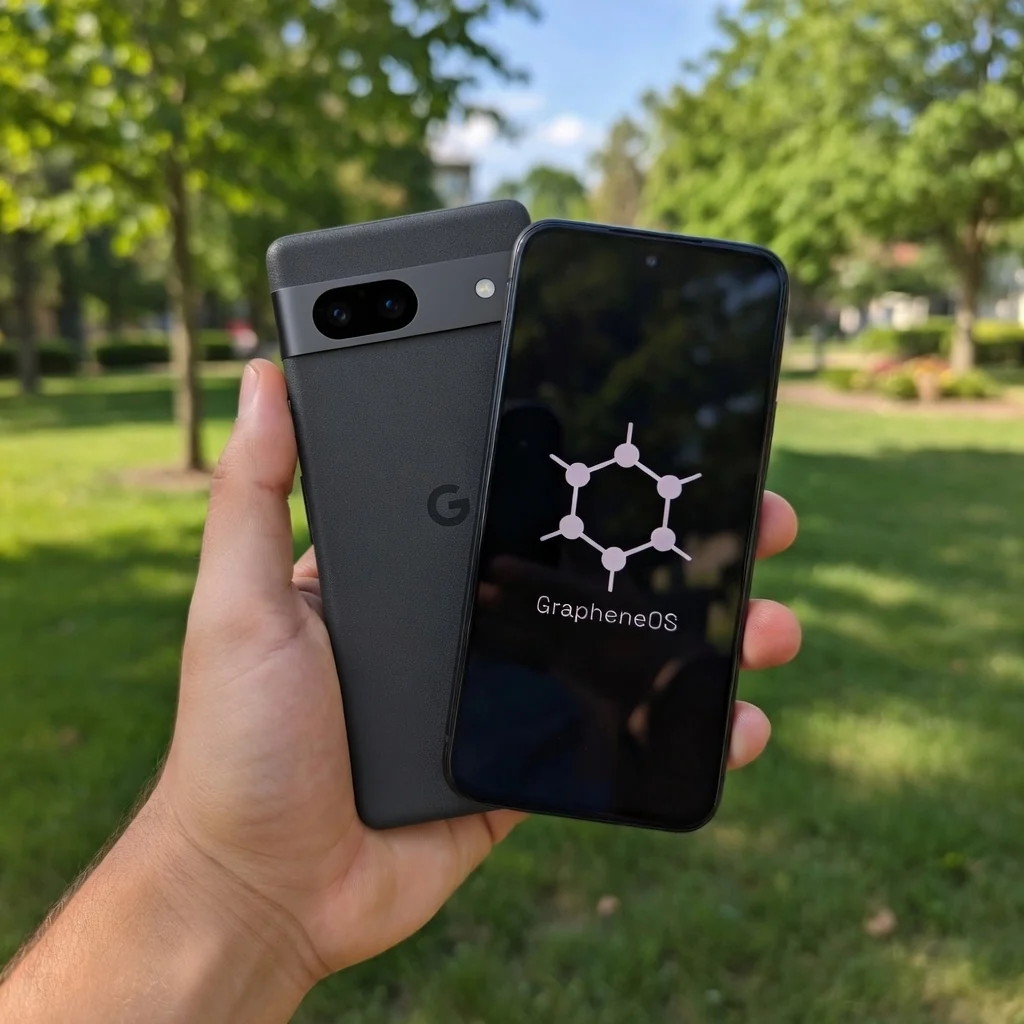 GrapheneOS phones held in a hand outdoors