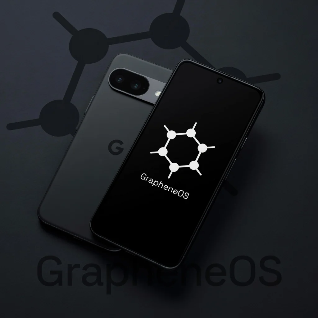 Two Pixel phones on a dark GrapheneOS background