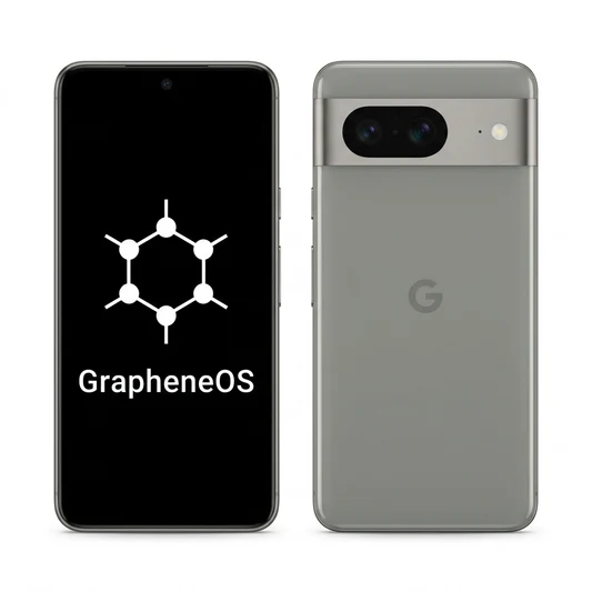 Front and rear views of a gray Pixel running GrapheneOS